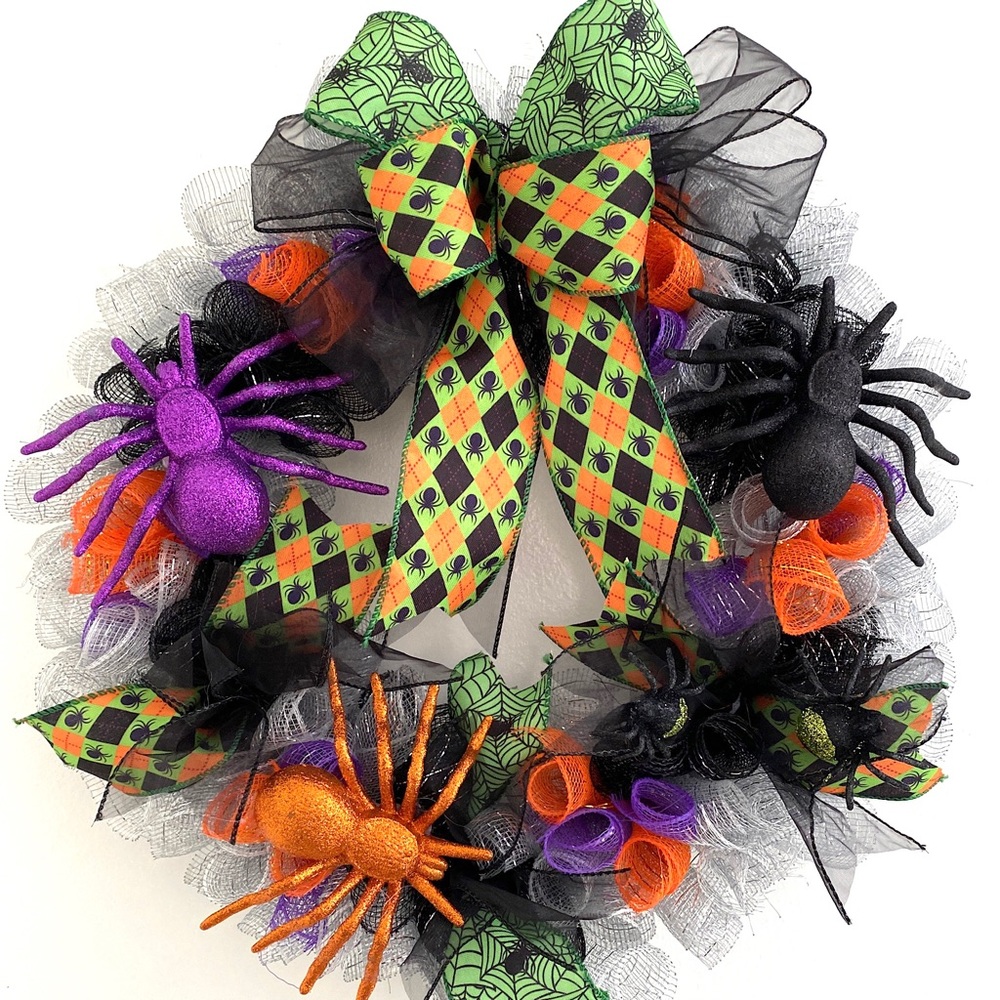 HAND CRAFTED Halloween Wreath Spiders Door Wreath Halloween Decor Glitter Spider